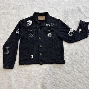 Carbon Tattoo Black Denim Graphic Print Jacket Unisex Size S